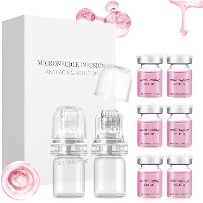 STRBOXONG نظام الحقن الدقيق، مجموعة الإبر الدقيقة للوجه، حقن دقيق للوجه مع 6 أمبولات إبر دقيقة و 2 رولر مضمونة، حقن دقيق لمكافحة الشيخوخة، سيروم للوجه لتنعيم التجاعيد - Image 1